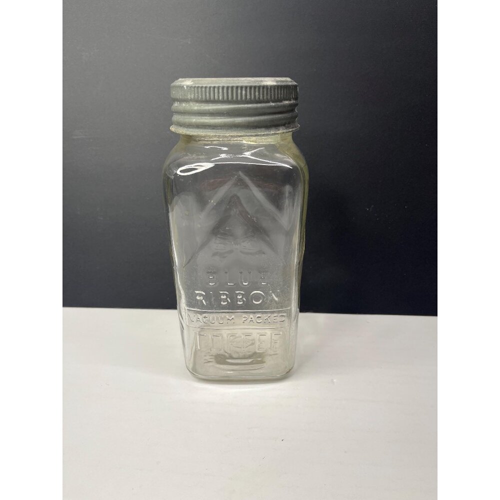1933 Clear Glass Blue Ribbon Coffee Mason Jar with Zinc lid Embossed Lettering